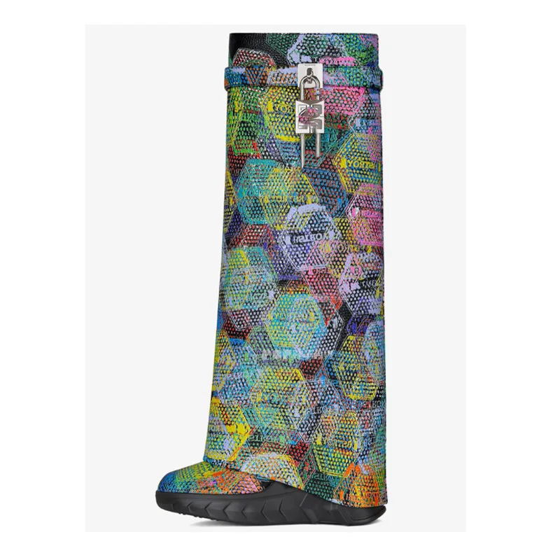 Cool Colored Drawing Metallic Lock Knee High Boots Women Round Toe Thick Sole Shark Boots Ladies High Wedges Platform Long Boots
Cool Colored Drawing Metallic Lock Knee High Boots Women Round Toe Thick Sole Shark Boots Ladies High Wedges Platform Long Boots