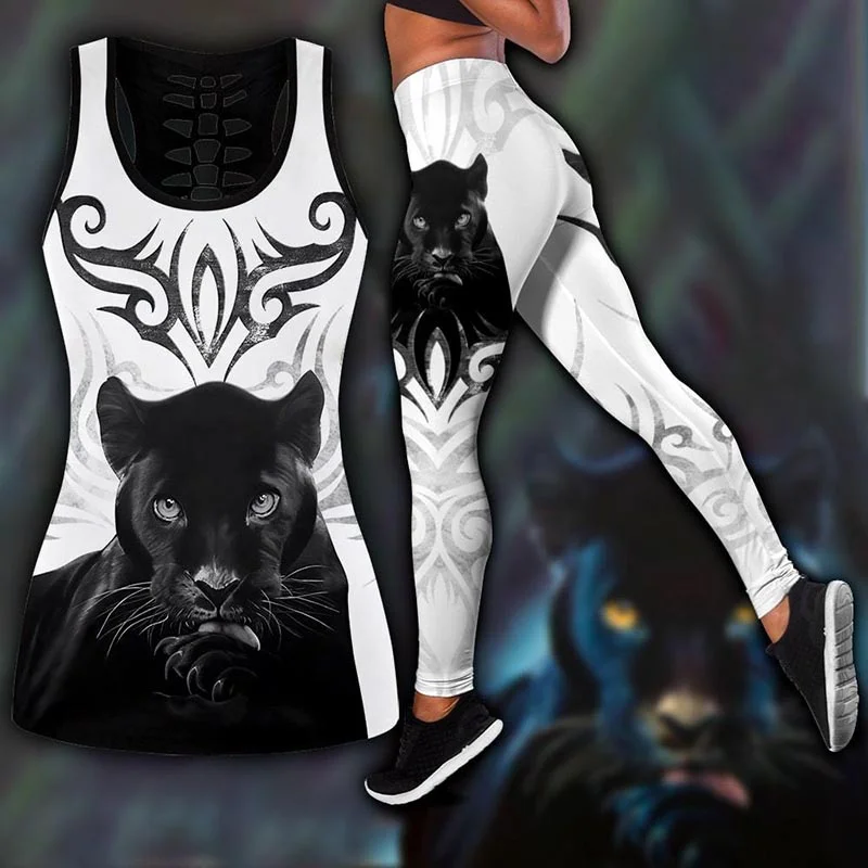 New Summer Women Fashion Black Panther Tattoo Printed Casual Sport Yoga Suit Stretch Leggings and Hollow Out Tank Top
New Summer Women Fashion Black Panther Tattoo Printed Casual Sport Yoga Suit Stretch Leggings and Hollow Out Tank Top