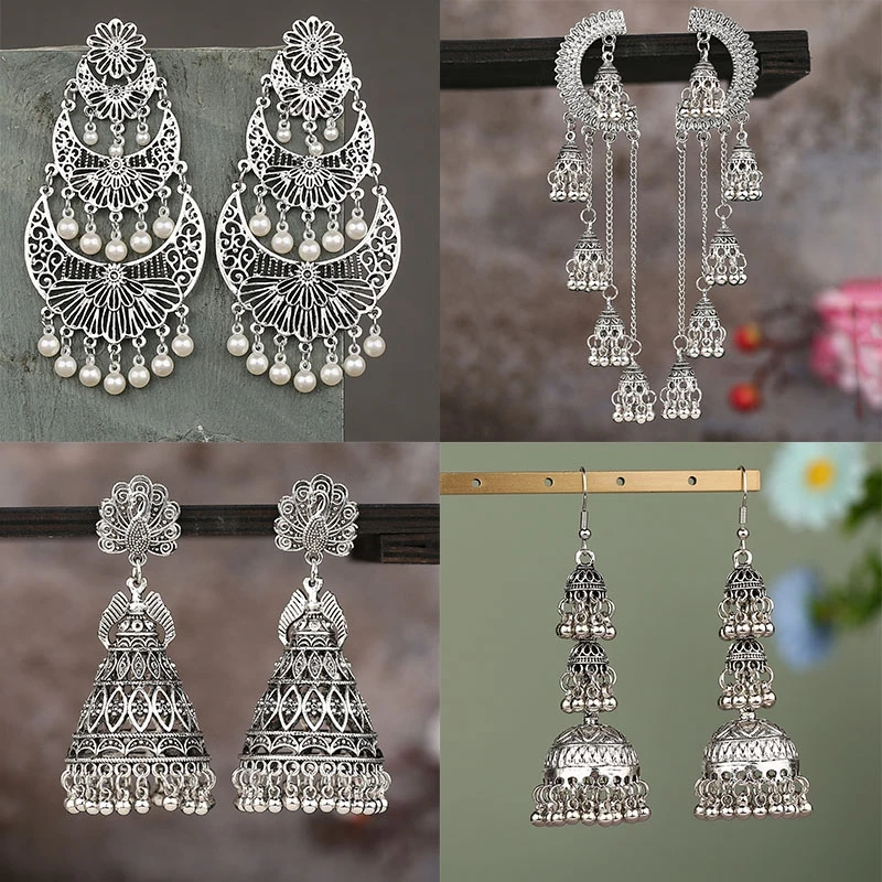 Индийские серьги Jhumka Jhumki в этническом стиле, винтажные Длинные Серьги серебряного цвета, ювелирные изделия в стиле бохо, 4 пары
Индийские серьги Jhumka Jhumki в этническом стиле, винтажные Длинные Серьги серебряного цвета, ювелирные изделия в стиле бохо, 4 пары