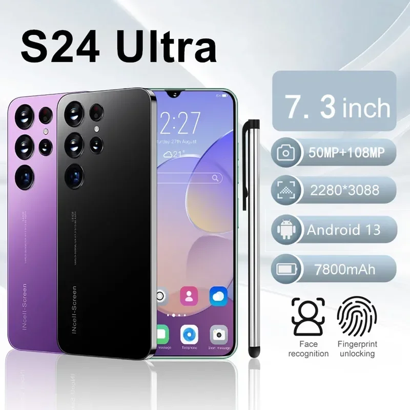 

Mobile Phones S24 Ultra 7.3 HD Screen SmartPhone Original 16G+1T 5G Dual Sim Celulares Android Unlocked 108MP 7800mAh Cell Phone