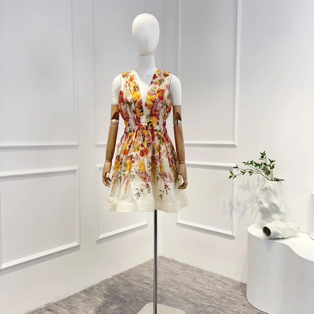 2022 2023 Top Quality Natural Linen Silk Orange Red Floral Printing Gradient Elastic Waist Mini V-neck Dress Women
2022 2023 Top Quality Natural Linen Silk Orange Red Floral Printing Gradient Elastic Waist Mini V-neck Dress Women