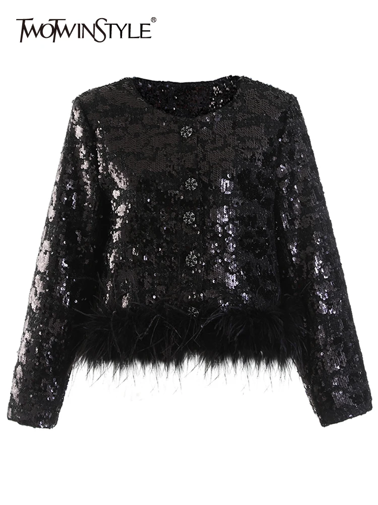 TWOTWINSTYLE Korean Sequins Feathers Hem Jacket For Women Round Neck Long Sleeve Solid Minimalist Jackets Female Autumn Clothing
TWOTWINSTYLE Korean Sequins Feathers Hem Jacket For Women Round Neck Long Sleeve Solid Minimalist Jackets Female Autumn Clothing