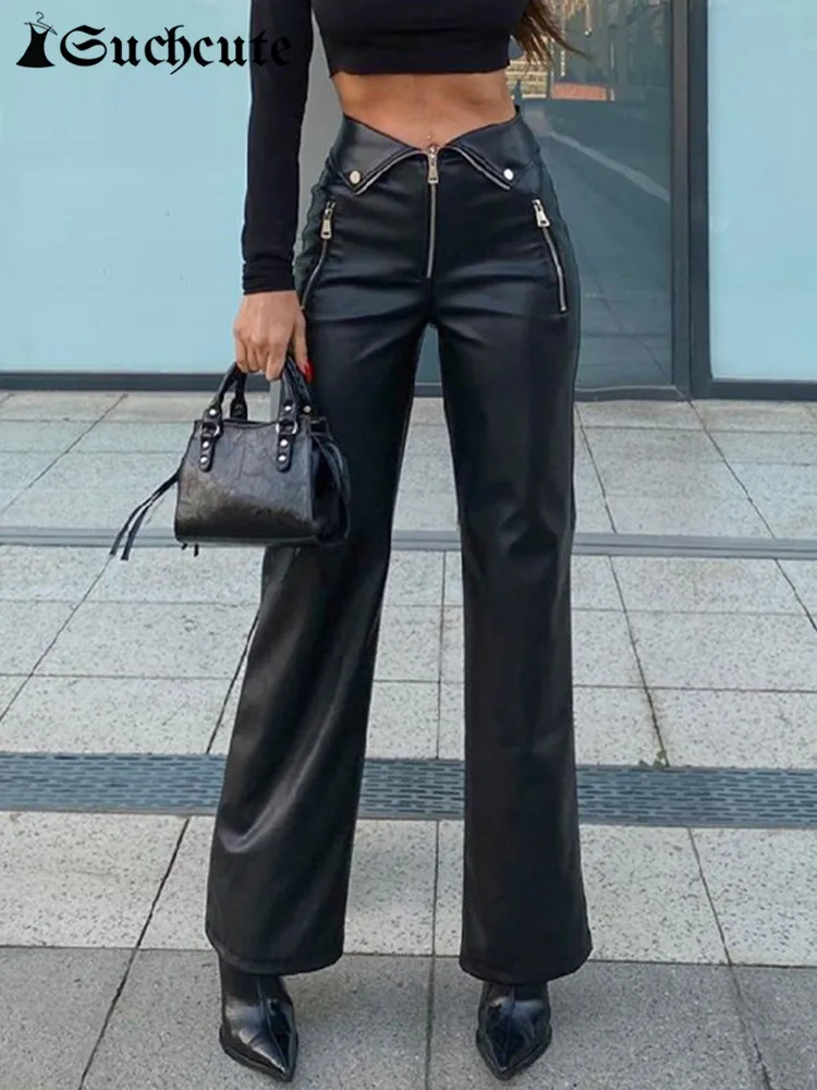 SUCHCUTE Punk Style Black Leather PU Pants Biker Zip Up Low Waist Straight Pant Motorcycle Gothic Solid Bottoms Chic Racing 2022
SUCHCUTE Punk Style Black Leather PU Pants Biker Zip Up Low Waist Straight Pant Motorcycle Gothic Solid Bottoms Chic Racing 2022