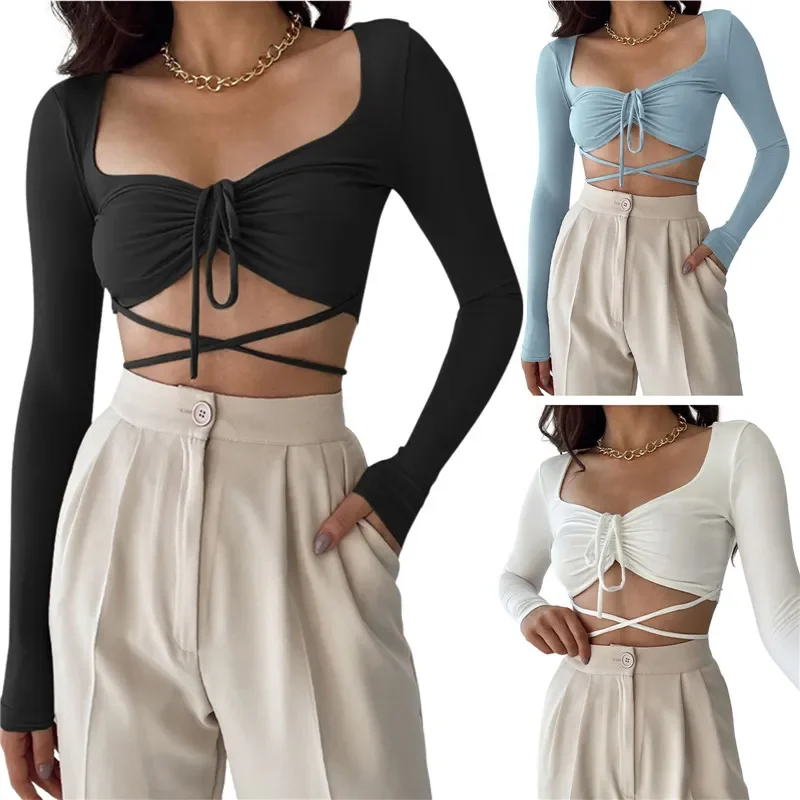 Cross Tie Up Rib Knit Crop Tops Sexy Long Sleeve Solid Color Drawstring T-Shirts 90s y2k Fairy Casual Slim Fit Chic Tees
Cross Tie Up Rib Knit Crop Tops Sexy Long Sleeve Solid Color Drawstring T-Shirts 90s y2k Fairy Casual Slim Fit Chic Tees