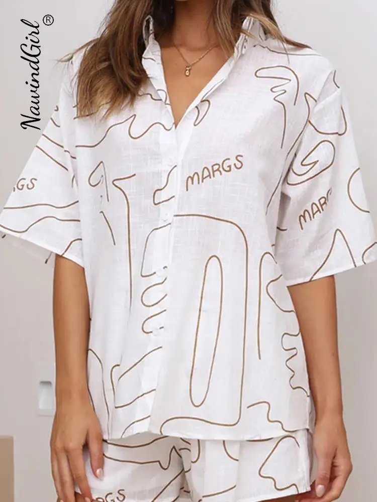 Casual Cotton Shorts Sets Women Loose Abstract Painting 2 Pieces Set Cozy Lapel Short Sleeve Shirt 2023 Summer Wide Leg Suits 
Casual Cotton Shorts Sets Women Loose Abstract Painting 2 Pieces Set Cozy Lapel Short Sleeve Shirt 2023 Summer Wide Leg Suits