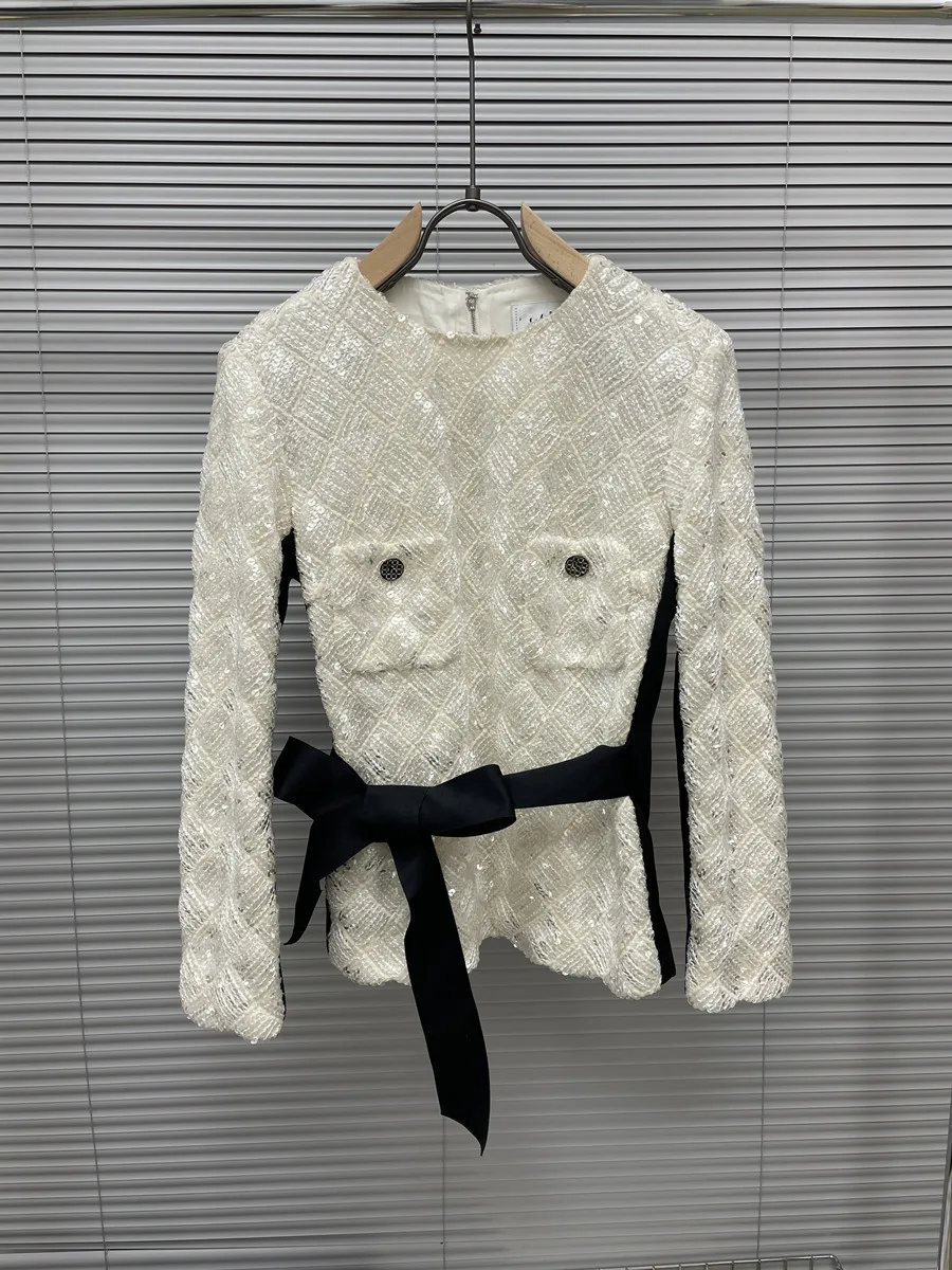 

2022 Spring Autumn New Designer Women's High Quality Back Zipper O-neck Sequins Tweed Jackets F236