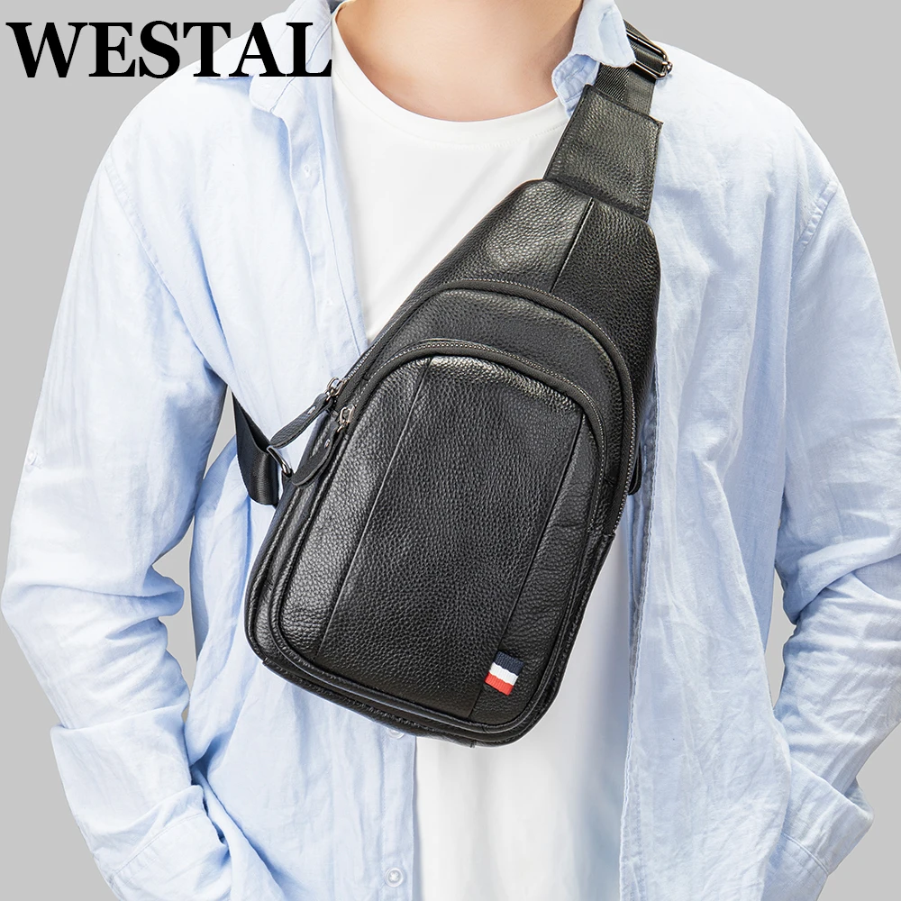 

Сумка на плечо WESTAL мужская кожаная, нагрудная сумочка-слинг, Боковая Сумка для телефона, карман для тела 7,9 дюйма