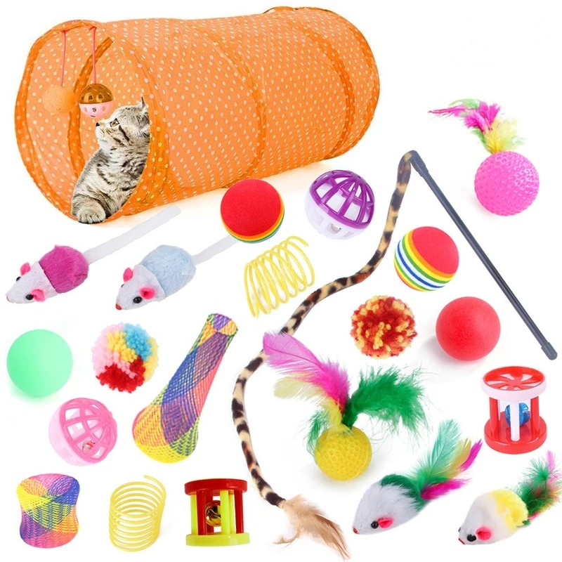 

22Pcs Pets Cat Toys Kitten Toys Set Collapsible Cat Tunnels Feather Teaser Wand Interactive Feather Fluffy Mouse Crinkle Balls