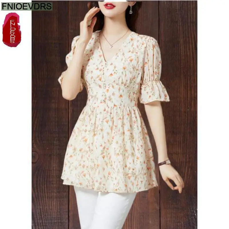 

L-5XL Loose Clothes 2023 Women Summer Short Sleeve Elegant Flare Sleeve Floral Print Lace Shirt Casual Peplum Tops And Blouses