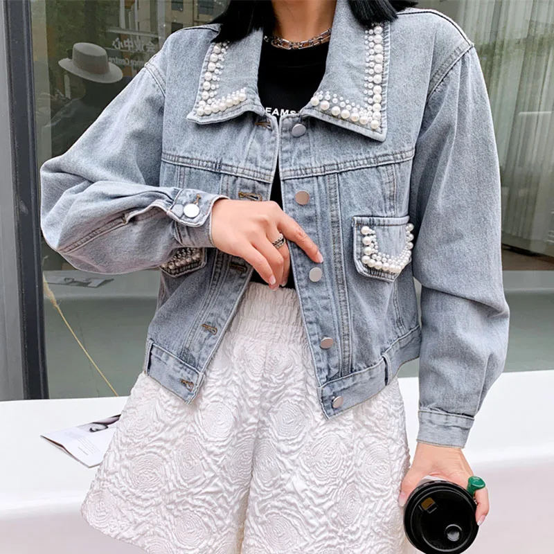 

Women Lapel Beads Short Denim Jackets BF Female Full Sleeve Single-breasted Loose Casual Basic Coats 2022 Streetwear WJ3