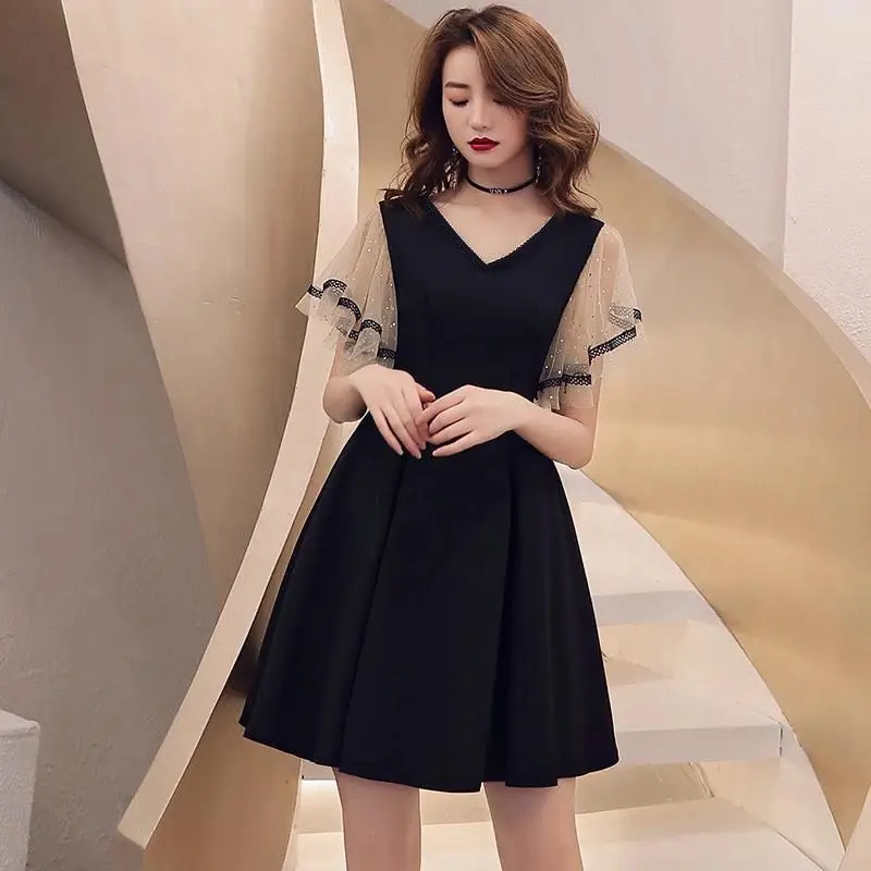 

Black Small Evening Dress 2022 Summer New V-neck Banquet Ladies Waist Slim Lotus Leaf Sleeve A Word Swing Dress Female