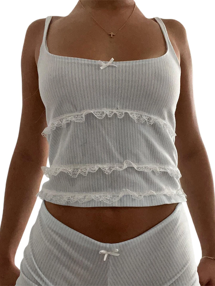 Women Summer 2 Pieces Clothes Outfits Solid Color Lace Trim Camisoles Sleeveless Sling Tank Tops and Elastic Waist Shorts Set
Women Summer 2 Pieces Clothes Outfits Solid Color Lace Trim Camisoles Sleeveless Sling Tank Tops and Elastic Waist Shorts Set