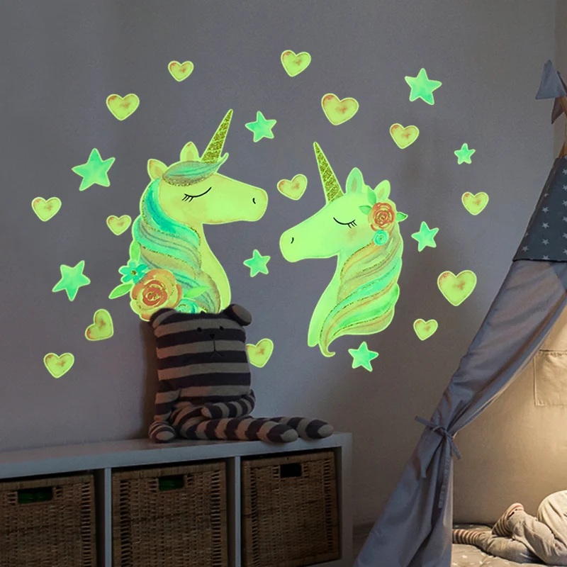 

Luminous Unicorn Wall Stickers Star Heart Pattern Fluorescent Sticker Kids Room Home Decoration Glow In The Dark Star Wall Decal