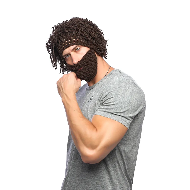 

Creative Knitted Hat European American Men's Knitted Hat Autumn and Winter Warmth Detachable Beard Woolen Funny Wig Hat MX0019