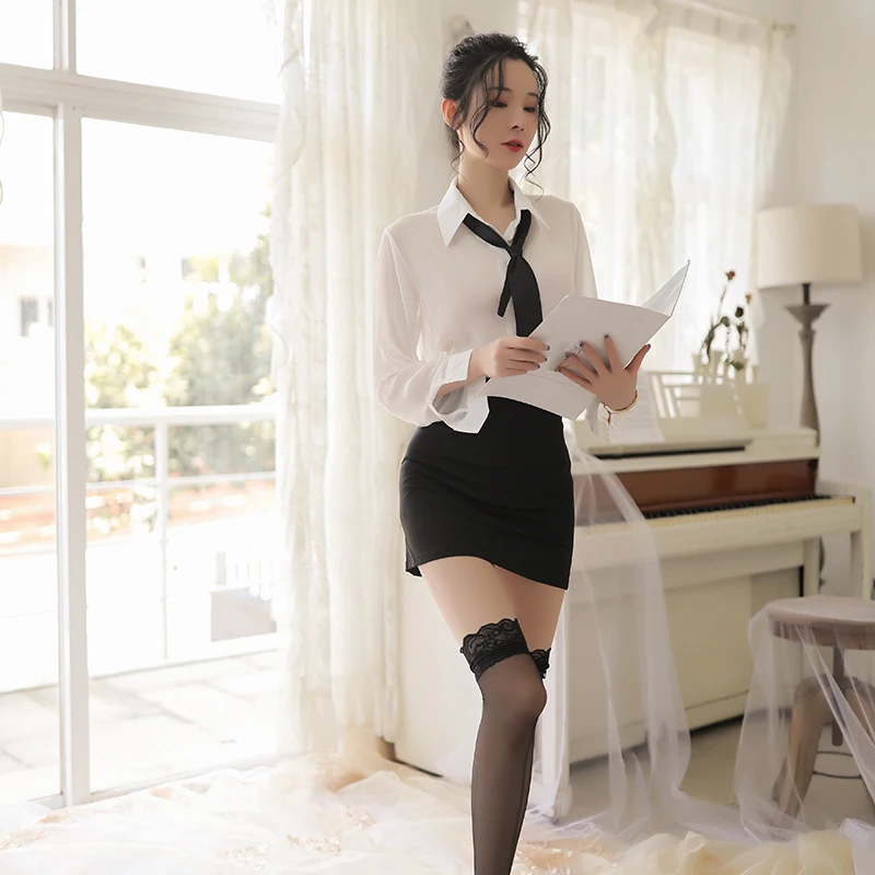 

Sexy Lingerie For Women Tight Bag Hip Secretary OL Uniform Female Teacher Perspective Temptation Deep V Suit Nightclub