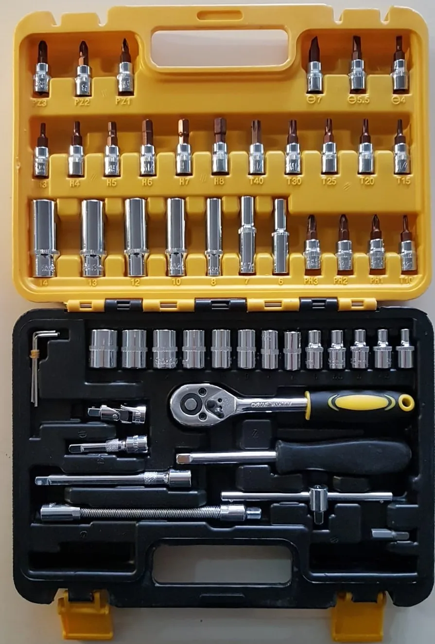 Boxed 53 piece socket set tool repair kit with ratchet set set ergonomic design practical products
Boxed 53 piece socket set tool repair kit with ratchet set set ergonomic design practical products
