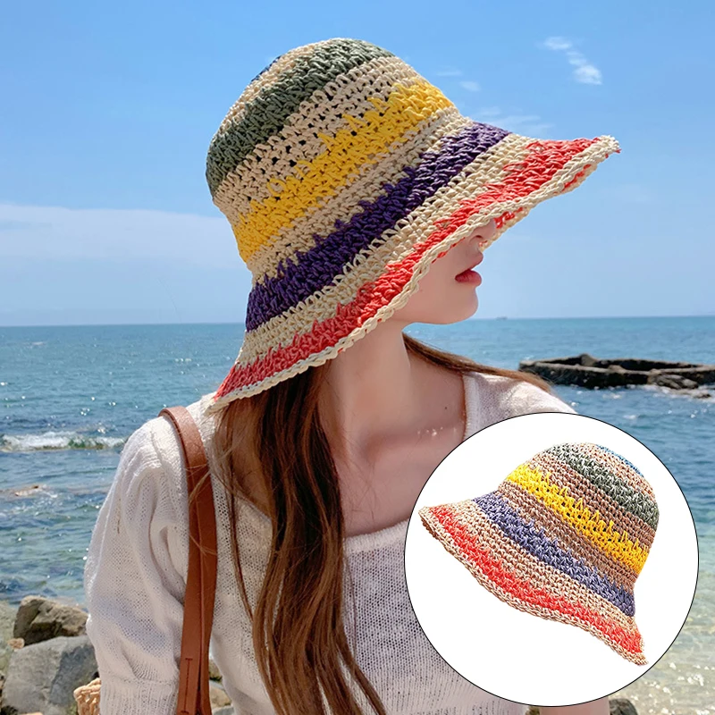 Bucket Women Hat Rainbow Striped Sun Hats Crochet Cap Beach Handmade Straw Caps Color Matching Woman Large Eaves
Bucket Women Hat Rainbow Striped Sun Hats Crochet Cap Beach Handmade Straw Caps Color Matching Woman Large Eaves