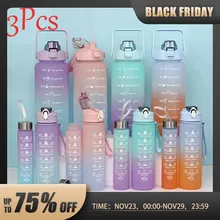 3Pcs/Set Large Capacity Water Bottle Set,Portable Plastic Frosted Gradient Color Water Bottle With Time Marker And Hanging Rope