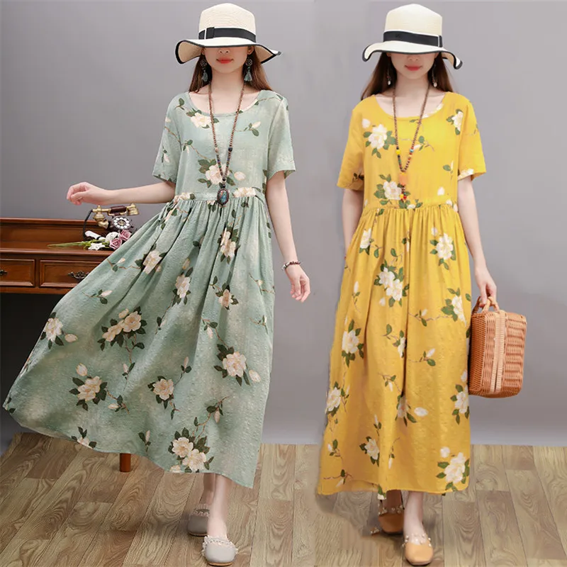 2022 Summer New Cotton Linen Short Sleeved Dress Vintage Printed Waist Slim Thin Linen Hem Long Skirt For Women
2022 Summer New Cotton Linen Short Sleeved Dress Vintage Printed Waist Slim Thin Linen Hem Long Skirt For Women