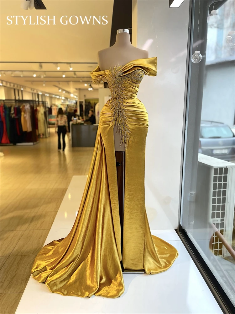 Gold Off The Shoulder Evening Dress Beaded Birthday Party Gowns Elegant Appliques High Slit Prom Dresses Mermaid Robe De Soiree
Gold Off The Shoulder Evening Dress Beaded Birthday Party Gowns Elegant Appliques High Slit Prom Dresses Mermaid Robe De Soiree