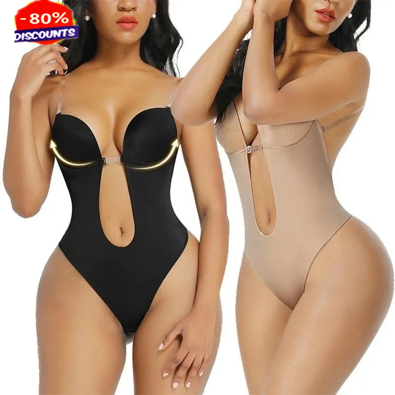 

Women's Deep V Backless Body Shaper Underwear Ladies U Plunge Bodysuits Shapewear Gather Bra Corset Clear Strap Party Dress