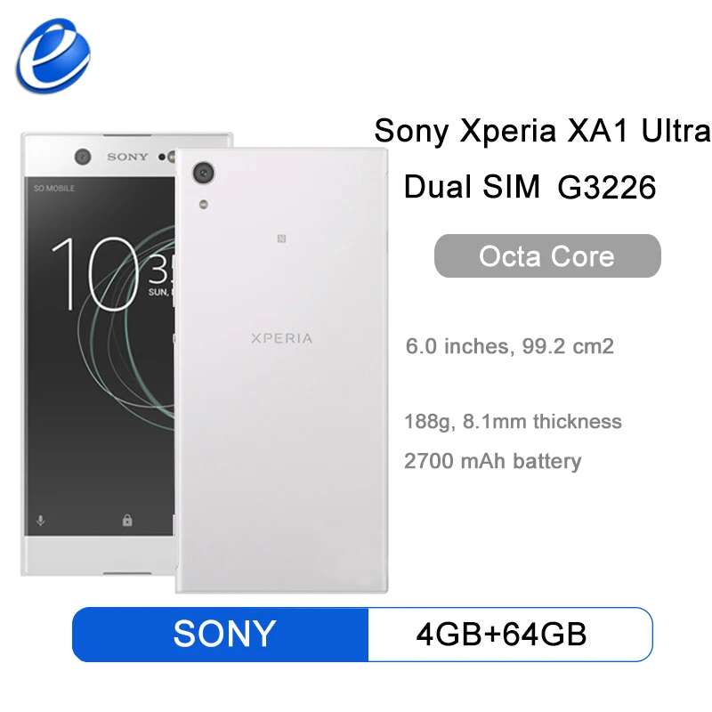 Original Sony Xperia XA1 Ultra dual sim G3226 Mobile Phone 4GB RAM 64GB ROM 6" Octa core 23MP 16MP NFC 4G Smartphone
Original Sony Xperia XA1 Ultra dual sim G3226 Mobile Phone 4GB RAM 64GB ROM 6" Octa core 23MP 16MP NFC 4G Smartphone
