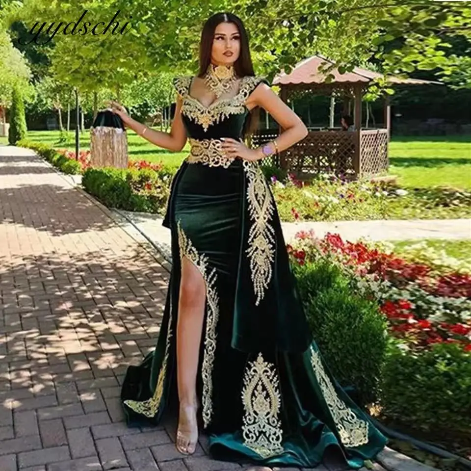 

2022 Moroccan Caftan Dark Green Evening Dresses Formal Party Gown Appliques Lace Velour Robes De Soirée High Split Prom Dress