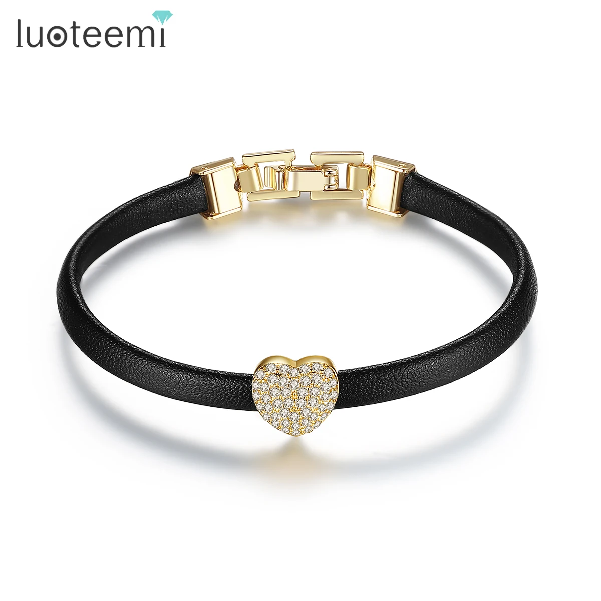 

LUOTEEMI Gold Color Trending Cubic Zirconia Heart Beads PU Leather Charm Bracelets For Women Girls Party Sexy Christmas Jewelry