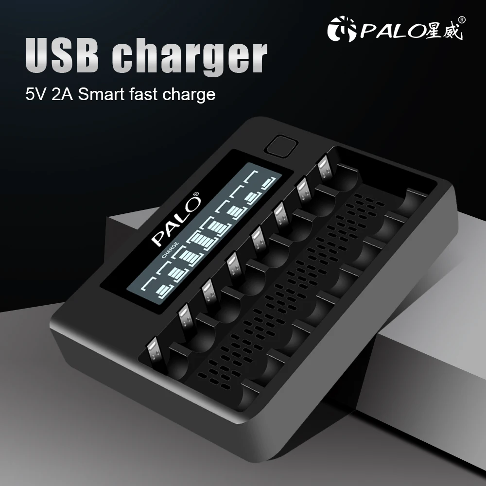 

PALO 8 Slots Fast Charger Smart LCD Display Battery Charger For 1.2V AA AAA NI-MH NI-CD Rechargerable Battery USB AA AAA Charger