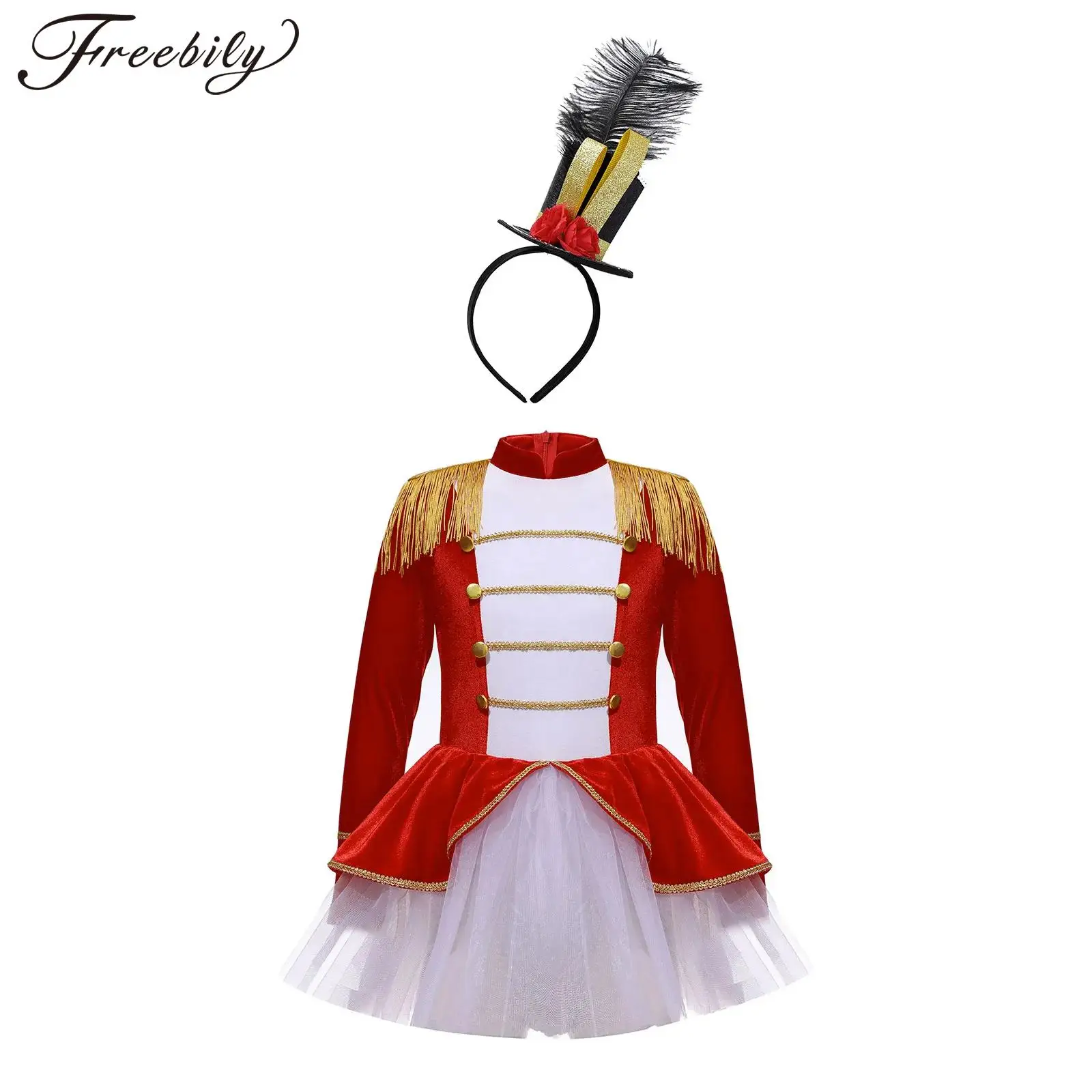 

Kids Girls Halloween Theme Party Circus Ringmaster Cosplay Performance Costume Long Sleeve Tutu Leotard Dress with Mini Top Hat