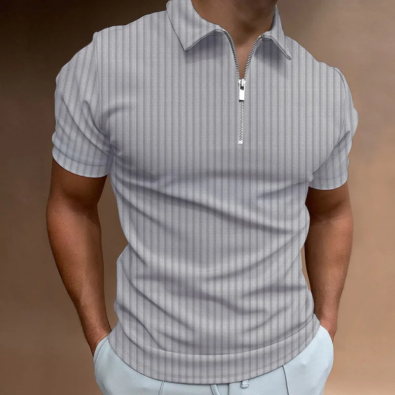 

Мужская модная рубашка-поло 2023, летняя полосатая мужская рубашка-поло на молнии, однотонная брендовая рубашка с коротким рукавом, повседневные облегающие Топы