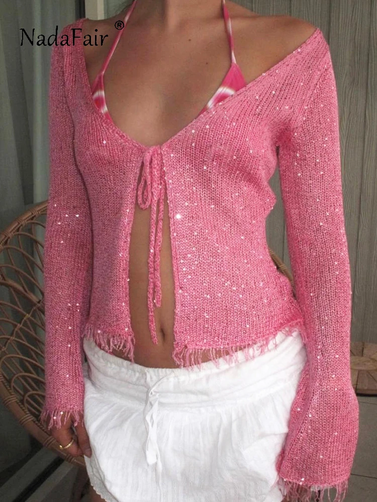 Nadafair Women Knitted Beach Long Sleeve T Shirt Pink Sequins Vintage V Neck Bandage Cardigans Spring Summer Holiday Sexy Tops
Nadafair Women Knitted Beach Long Sleeve T Shirt Pink Sequins Vintage V Neck Bandage Cardigans Spring Summer Holiday Sexy Tops