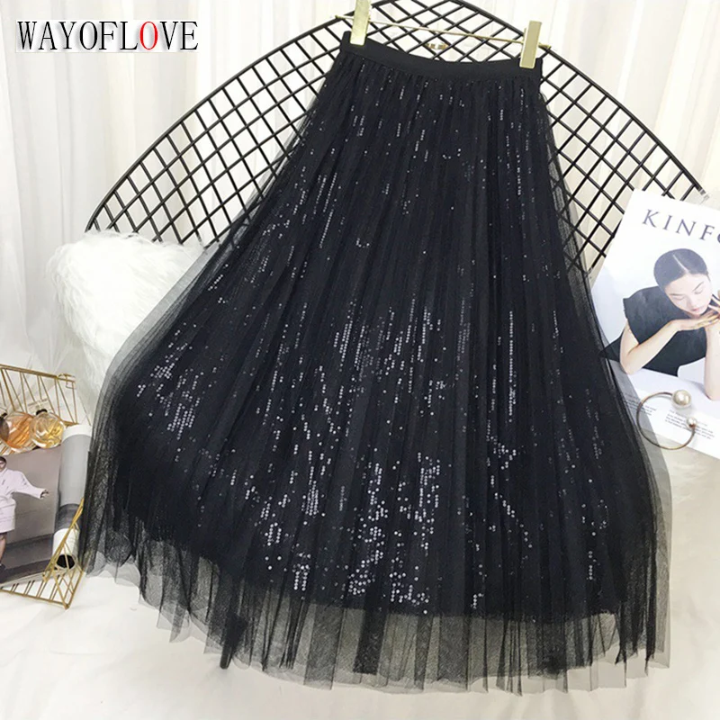 WAYOFLOVE Ladies All Season Mesh Pleated Mid Skirts Women High Waist Solid Black A-line Skirt Sequins Elegant Party Casual Skirt
WAYOFLOVE Ladies All Season Mesh Pleated Mid Skirts Women High Waist Solid Black A-line Skirt Sequins Elegant Party Casual Skirt