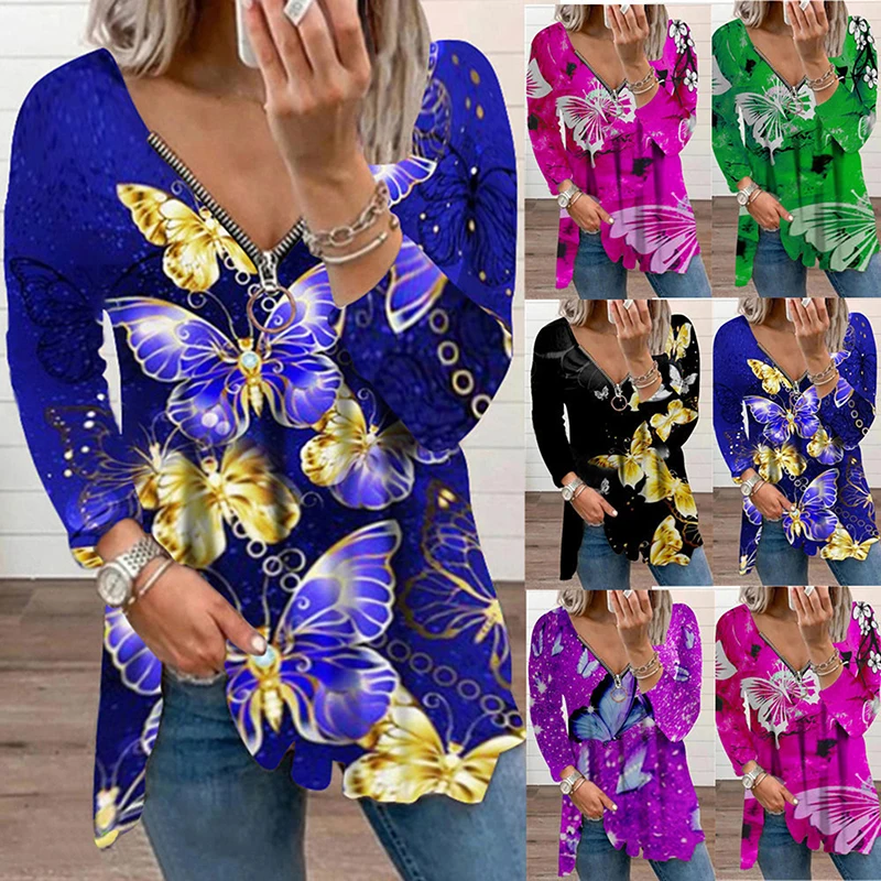 Women's Tops 2022 Autumn New T-shirt V-neck Zipper Butterfly Printing Long-sleeved T-shirt Casual Pullover Ladies Top
Women's Tops 2022 Autumn New T-shirt V-neck Zipper Butterfly Printing Long-sleeved T-shirt Casual Pullover Ladies Top