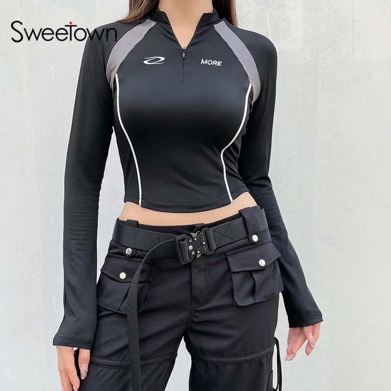 Sweetown Casual Street Style Zip Up Half High Collar Slim Black T-Shirt Women Contrast Patchwork Long Sleeve Korean Streetwear
Sweetown Casual Street Style Zip Up Half High Collar Slim Black T-Shirt Women Contrast Patchwork Long Sleeve Korean Streetwear