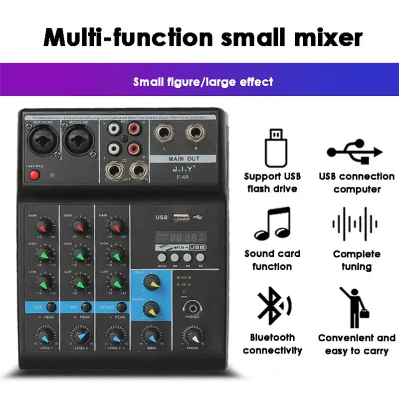 

Sound Card Mixer F-4a Professional 1pc 4-channel Mixer Mixer Usb Input For Stage Music Performance Recording Karaoke System 2023