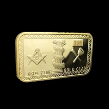 Freemason Golden Masonic Challenge Coin Bar 999 Fine Gold Clad 3D Design With Case Cover Fatherhood Brotherhood Gift Collection