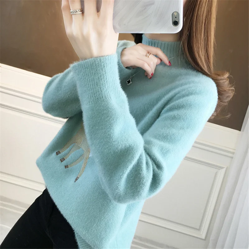 Winter Autumn Embroidery Half High Collar Long Sleeve Sweater Women Loose Pullover Korean Fashion Faux Mink Cashmere Tops Female
Winter Autumn Embroidery Half High Collar Long Sleeve Sweater Women Loose Pullover Korean Fashion Faux Mink Cashmere Tops Female