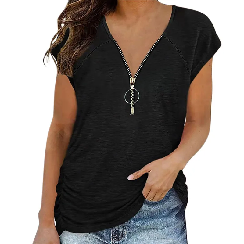 Summer V Neck Zipper T-Shirt Women Simple Casual Solid Short Sleeve Tee Tops Zip Up Ladies Loose T-Shirts Tops 2022 
Summer V Neck Zipper T-Shirt Women Simple Casual Solid Short Sleeve Tee Tops Zip Up Ladies Loose T-Shirts Tops 2022