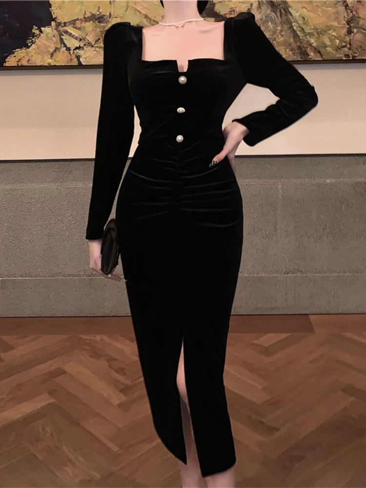 Spring New Elegant Bodycon Midi Vintage Black Velvet Dress Women Sexy Evening Runway Party Female Fashion Clothes Mujer Robe
Spring New Elegant Bodycon Midi Vintage Black Velvet Dress Women Sexy Evening Runway Party Female Fashion Clothes Mujer Robe