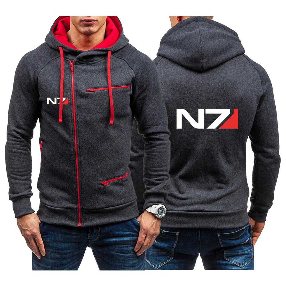 

2023 Spring Autumn N7 Mass Effect Logo Printed Oblique Zip Design Hoodies Men's Solid Color Personality Hooded Cardigan Pullover