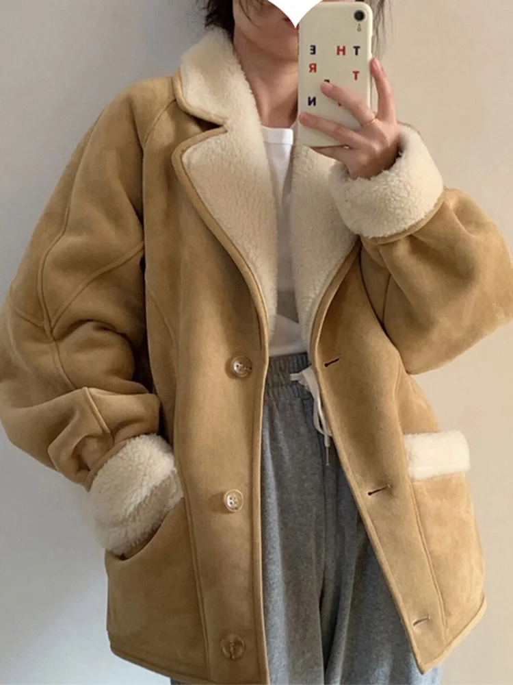 FTLZZ New Autumn Winter Suede Lambs Jacket Women Fashion Lapel Single Breasted Faux Leather Jacket Lady Loose Thick Warm Outwear
FTLZZ New Autumn Winter Suede Lambs Jacket Women Fashion Lapel Single Breasted Faux Leather Jacket Lady Loose Thick Warm Outwear