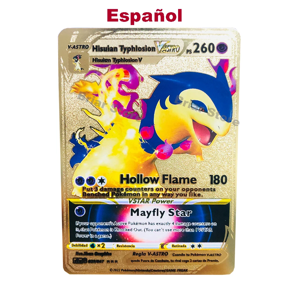 Spanish Game Pokemon Metal Iron Card Hisuian Typhlosion V ASTRO 260HP Gold Collection Game Holographic Metal Pokemon Card
Spanish Game Pokemon Metal Iron Card Hisuian Typhlosion V ASTRO 260HP Gold Collection Game Holographic Metal Pokemon Card