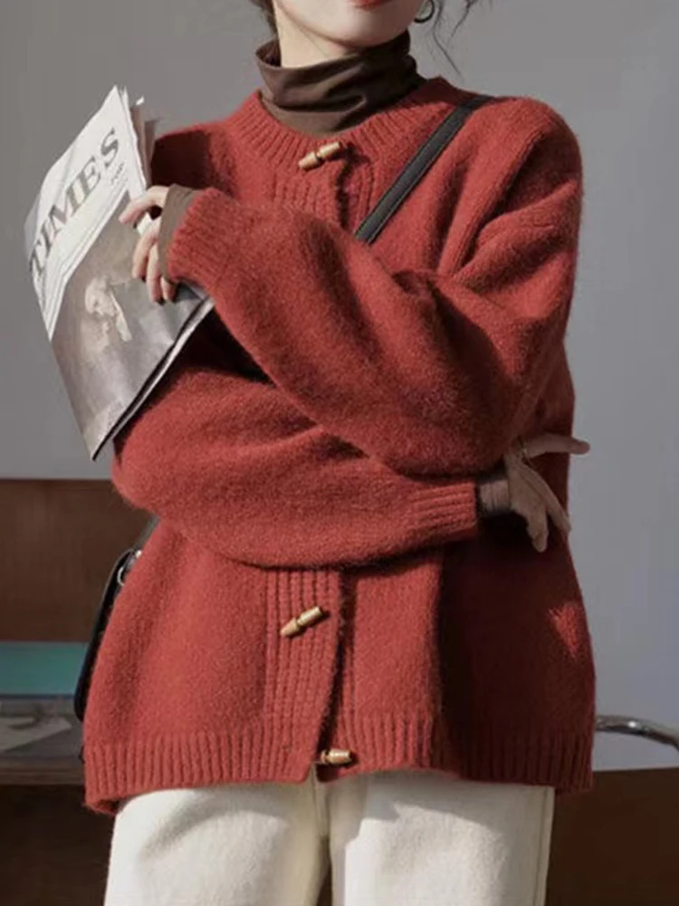 

Осенний вязаный кардиган, свитер, Женский Повседневный свитер с длинным рукавом и пуговицами-рогами, женская модная винтажная свободная теплая куртка в стиле преппи