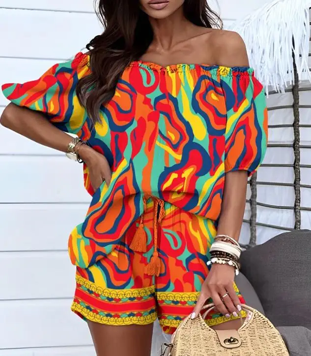 Two Piece Sets Women Outifit 2023 Summer Fashion Multi-Color Abstract Print Off Shoulder Half Sleeve Top & Drawstring Shorts Set
Two Piece Sets Women Outifit 2023 Summer Fashion Multi-Color Abstract Print Off Shoulder Half Sleeve Top & Drawstring Shorts Set