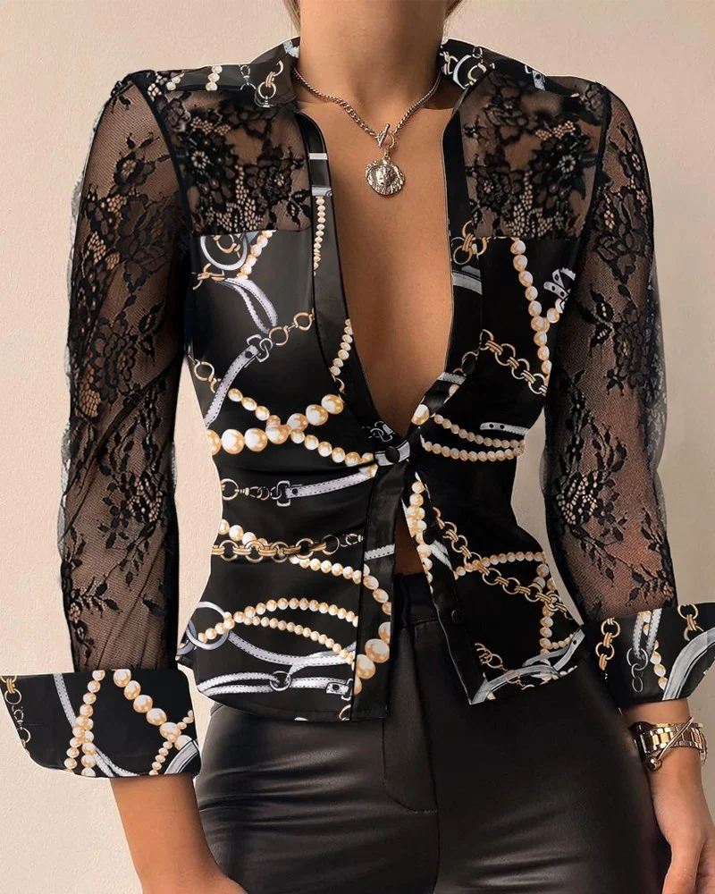 Women Chain Print Contrast Lace Button Down Satin Shirt Tops Long Sleeve Mock Neck Skinny Blouse
Women Chain Print Contrast Lace Button Down Satin Shirt Tops Long Sleeve Mock Neck Skinny Blouse