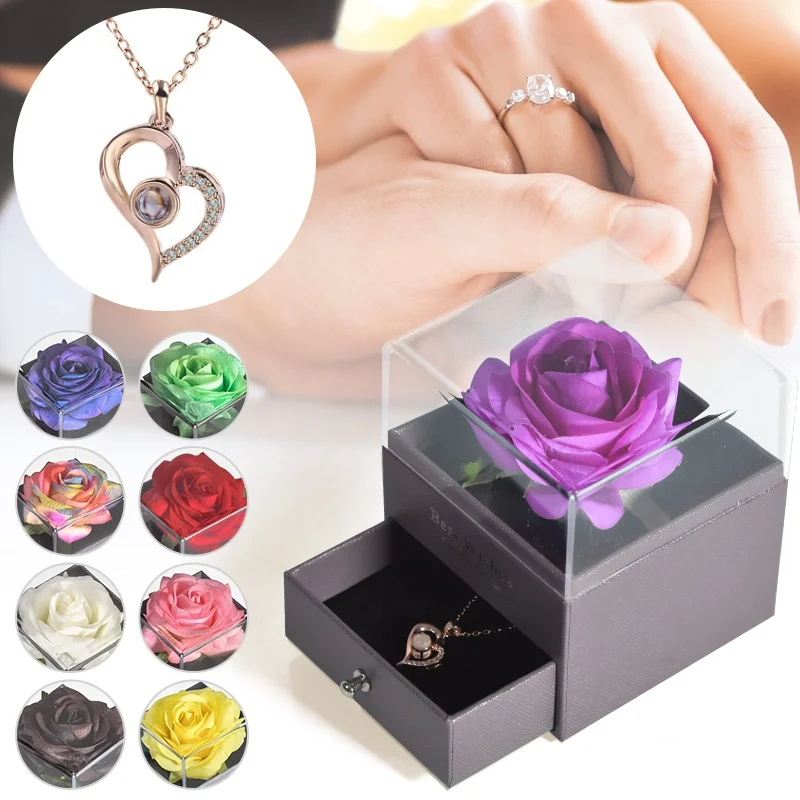 

Valentine Day Gifts Forever Flower Eternal Rose Jewelry Box with 100 Languages I Love You Necklace Gift For Mother Girlfriend