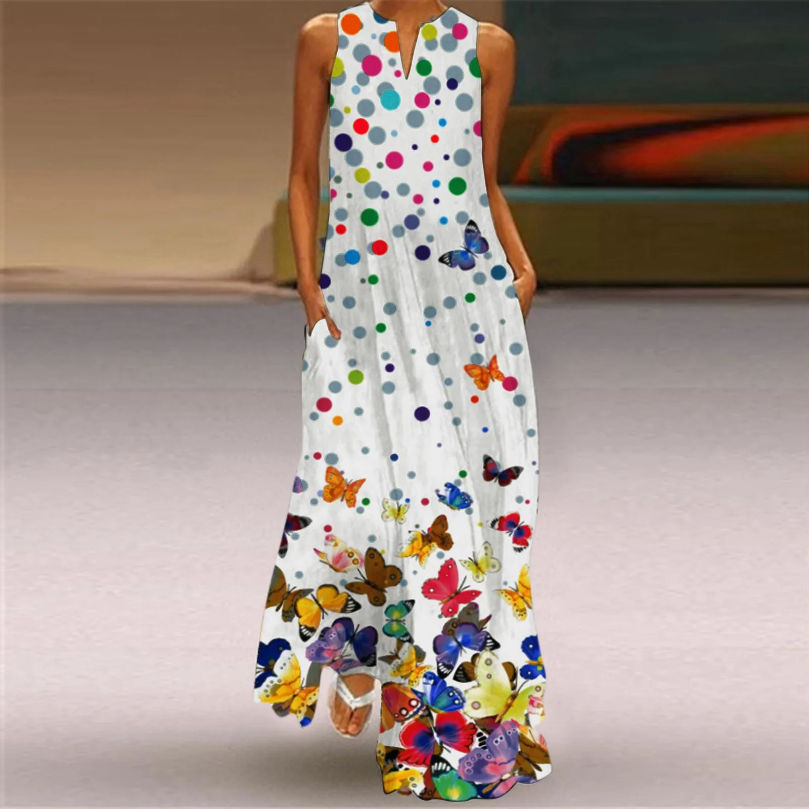Women With Pockets Neck Party Dress Sleeveless Cami Print Maxi Summer Women's Bohemia Dress 
Women With Pockets Neck Party Dress Sleeveless Cami Print Maxi Summer Women's Bohemia Dress