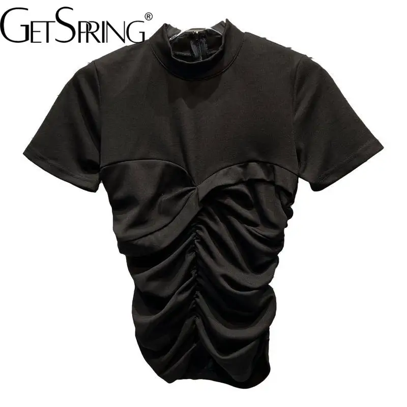 GetSpring Women T Shirt Short Sleeves Wrinkled Elastic Slim Tshirt Irregular Tee Shirt Fashion Black Summer Female Top Tshirts
GetSpring Women T Shirt Short Sleeves Wrinkled Elastic Slim Tshirt Irregular Tee Shirt Fashion Black Summer Female Top Tshirts