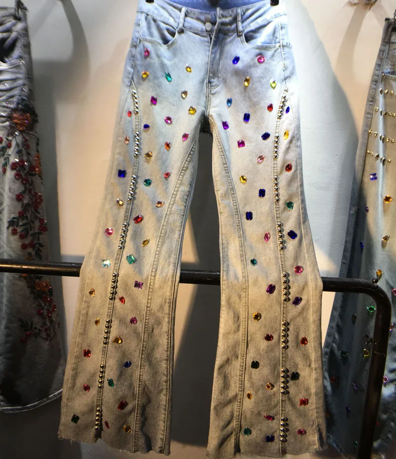 

Europe 2023 New Spring Long Denim Trousers Luxury Colored Gemstones Diamonds Beads High Waist Slimming Jeans Autumn Flare Pants